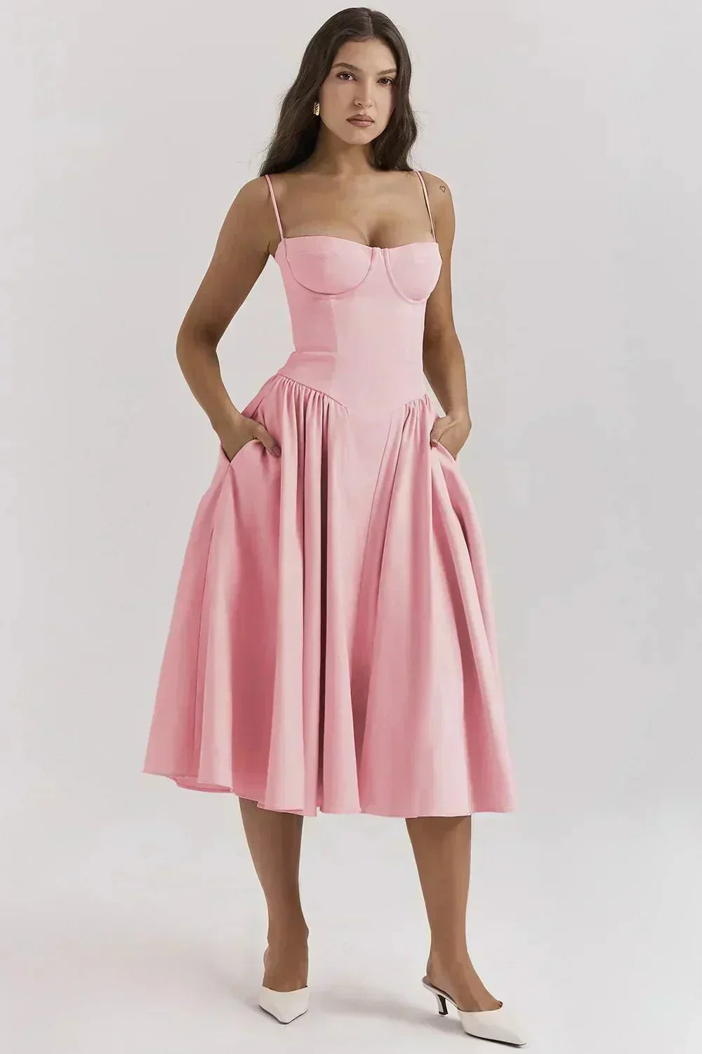 Stylish women's corset midi dress. An elegant, flattering choice for wedding guests, special occasions, and parties.