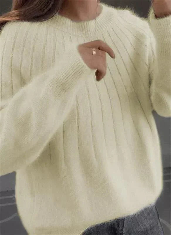 Elegant women's textured knit sweater; a plush, cozy pullover for chic fall & winter everyday wear.