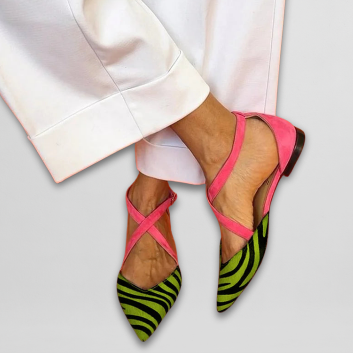Comfortable women's zebra print strappy ballerinas. Stylish flats, perfect for chic summer fashion.