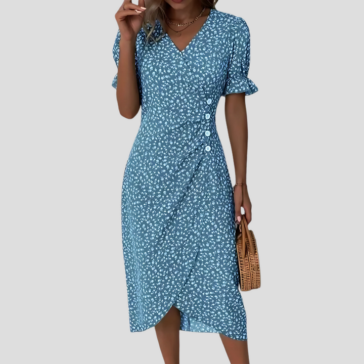 Chic women's floral print midi dress with button front and V-neck. Perfect for summer and spring fashion.