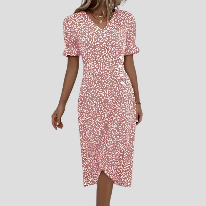 Versatile women's floral button-front midi dress, perfect for spring occasions or summer casual wear.