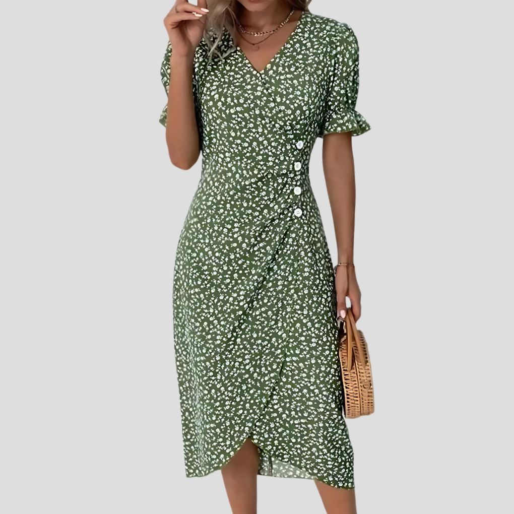 Women's V-neck floral midi dress with chic button front and puff sleeves, ideal for elegant spring events.