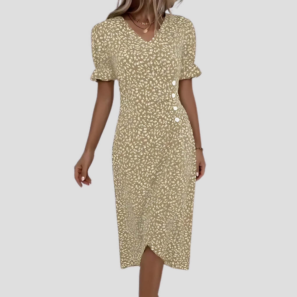 Beautiful spring/summer floral midi dress for women, with a fashionable button front and comfortable V-neck.