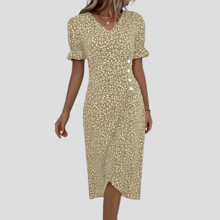 Beautiful spring/summer floral midi dress for women, with a fashionable button front and comfortable V-neck.