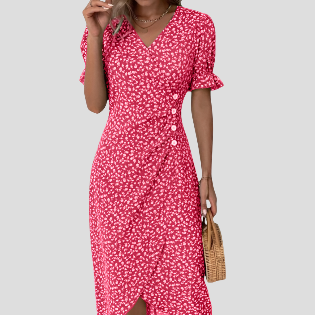 Stylish women's floral print button-front midi dress, featuring a flattering V-neck and elegant puff sleeves.
