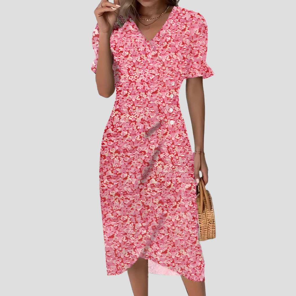 New chic floral midi dress for women, with a full button front, V-neck, and trendy puff sleeves. Casual elegance.