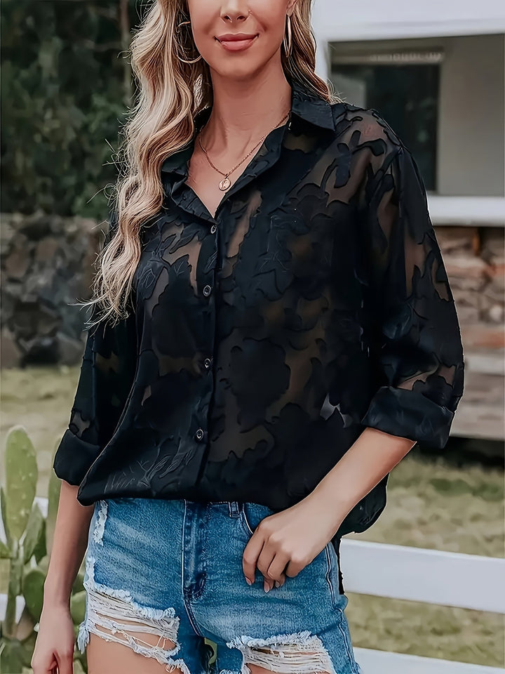 Chic women's jacquard V-neck blouse, elegant flowing top for evening wear or professional work.