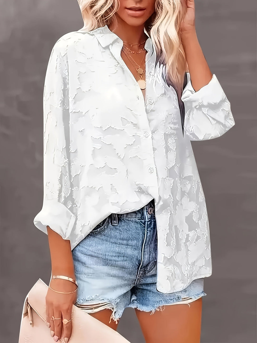 Women's long sleeve V-neck jacquard blouse with elegant textured fabric, perfect for casual or work.