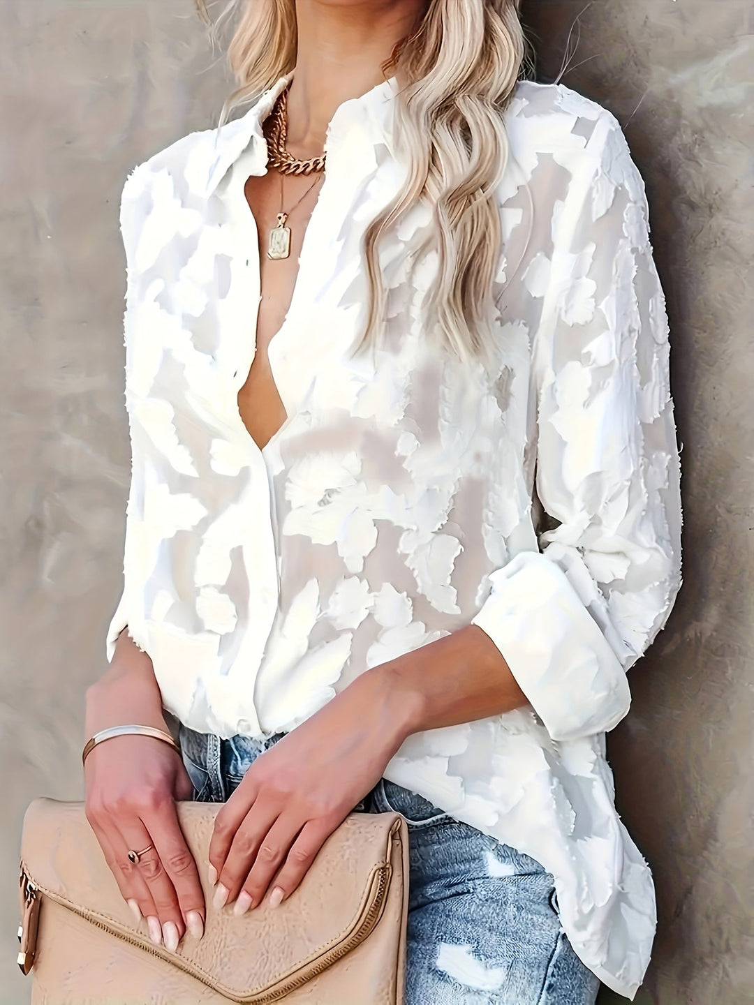 Versatile chic women's jacquard V-neck long sleeve blouse. Elegant flowing top for work, casual, evening.