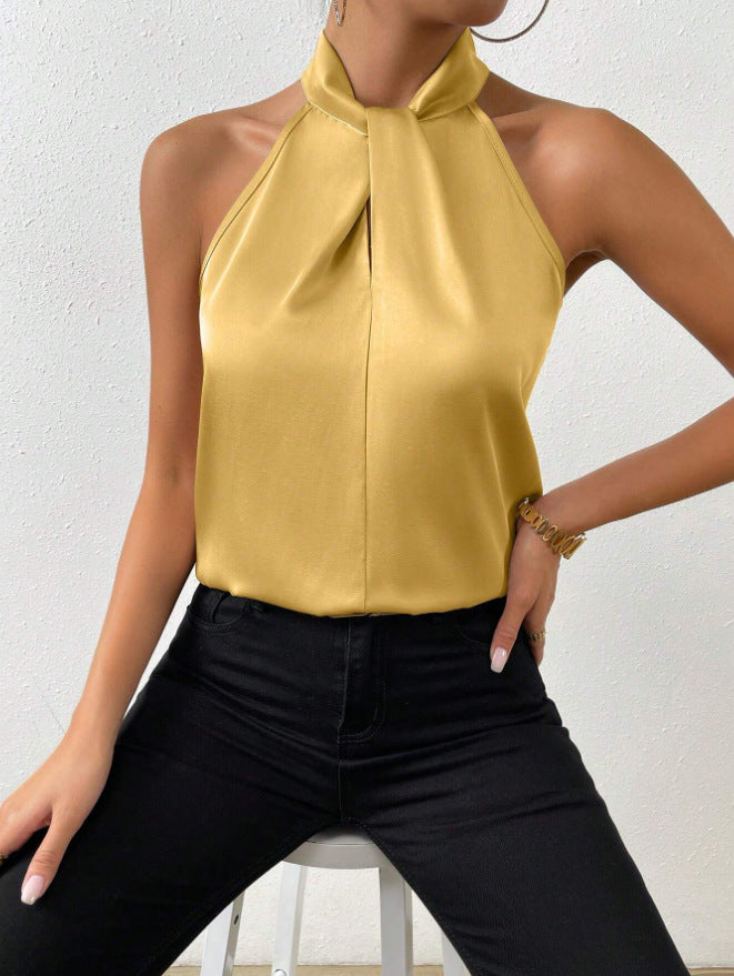 Comfortable knot neck halter top, an elegant sleeveless choice for women's fashion.