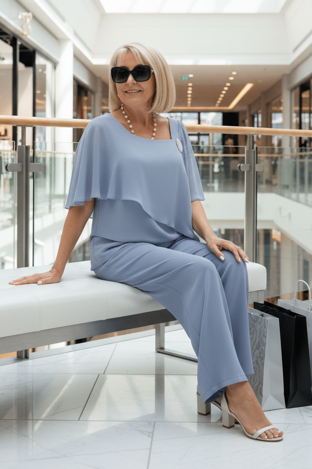 Versatile women's navy blue two-piece lounge set. Comfortable relaxed fit top & bottoms for casual wear.