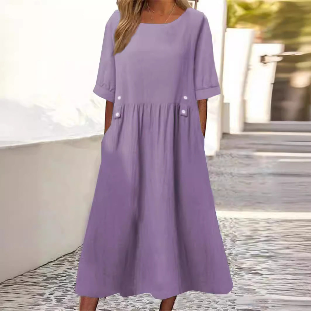 Chic women's loose fit midi dress with round neck, perfect for effortless summer style and comfort.