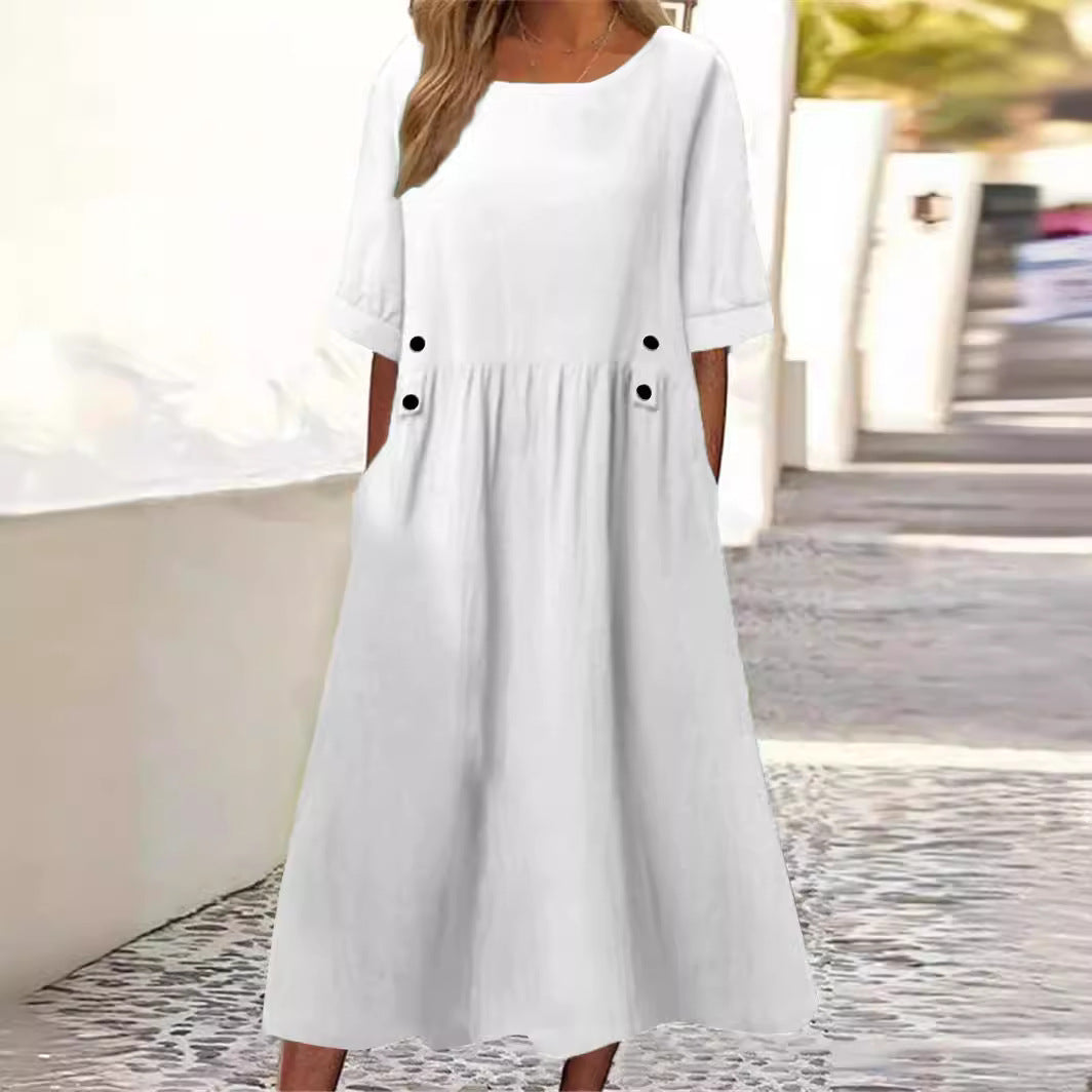 Relaxed fit women's summer midi dress, featuring a round neck, designed for comfortable and chic effortless style.