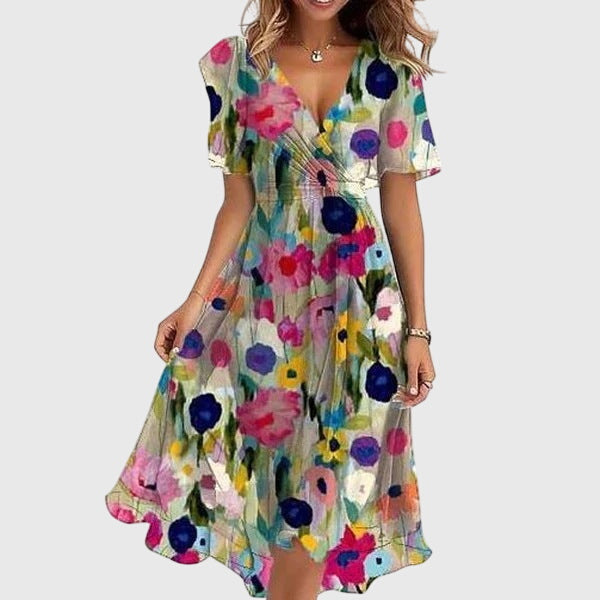 Fashionable women's chic midi dress, offering an elegant and flattering fit. Ideal for versatile summer styling.