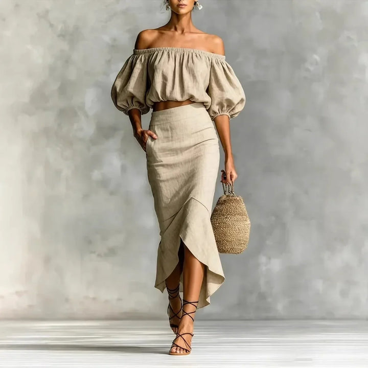 Chic women's off-shoulder puff sleeve two-piece midi skirt set, perfect for summer vacation or garden parties.