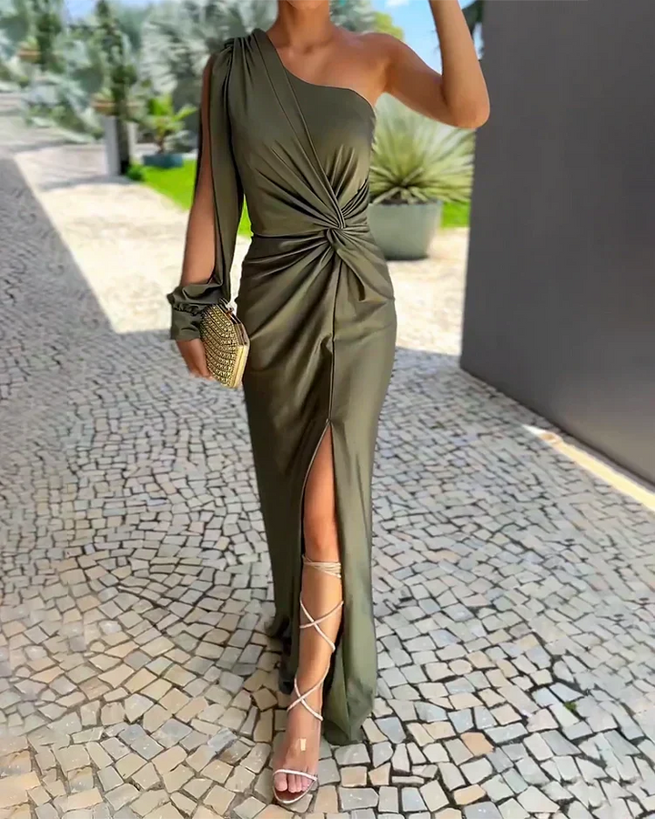Chic women's olive one-shoulder twist-front maxi wedding guest dress. Elegant formal evening gown.