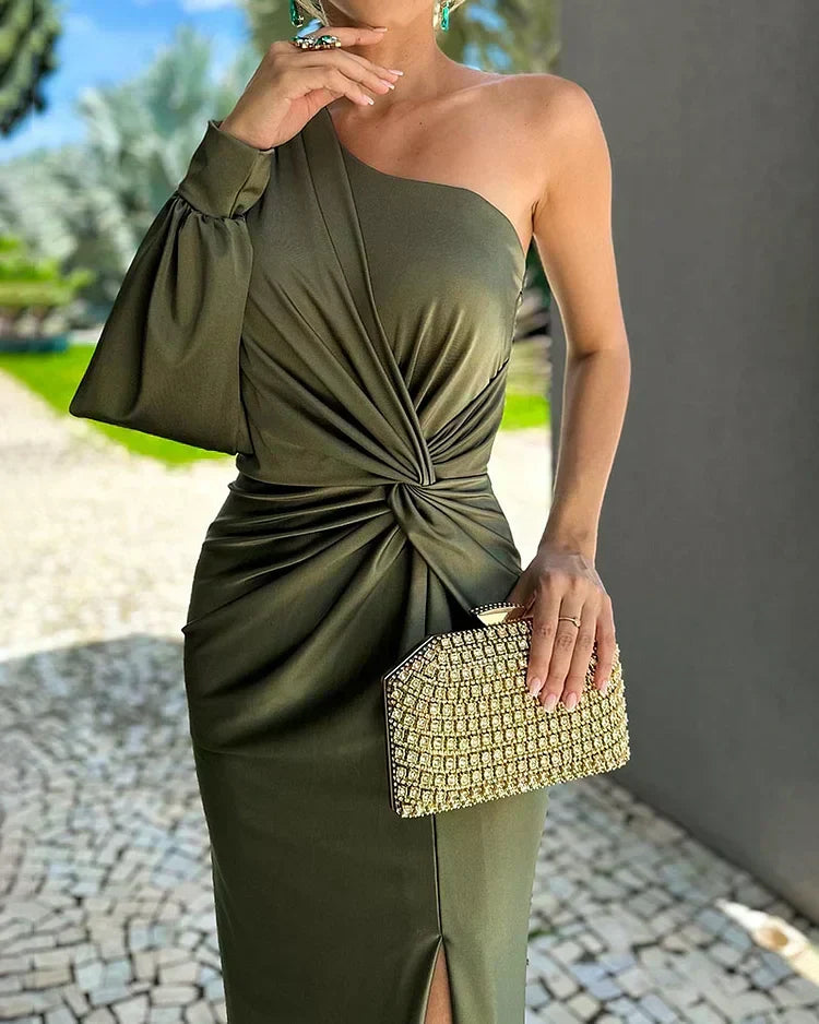 Elegant women's maxi wedding guest dress with a chic twist-front & one-shoulder design, formal party.