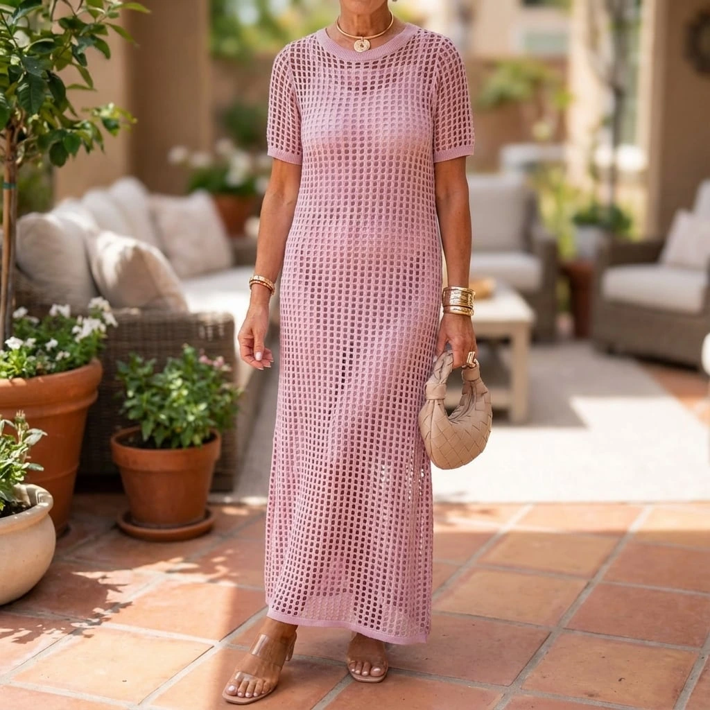 Chic women's open knit mesh maxi dress with short sleeves, perfect for resort wear or elegant summer style.