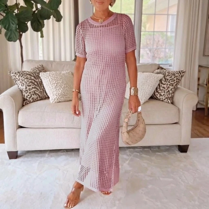 Elegant open knit mesh maxi dress for women, ideal as a beach cover-up or comfortable vacation dress.