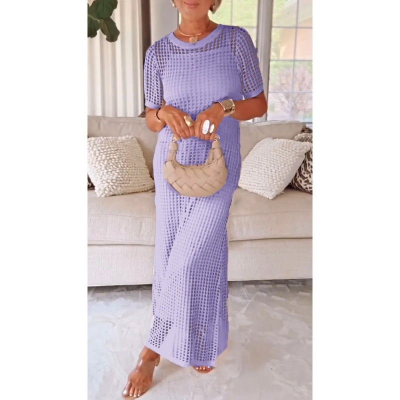 Women's short sleeve open knit maxi dress with crew neck, versatile for layered fashion or resort style.