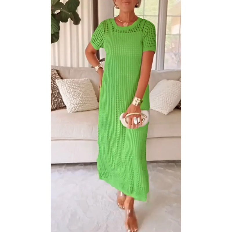 Versatile open knit mesh maxi dress, women's short sleeve resort dress & stylish beach cover-up.