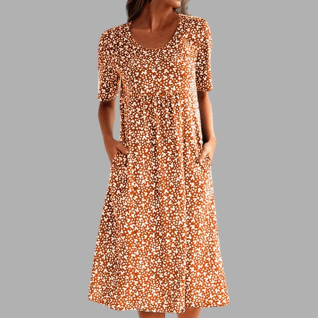 Women's vibrant printed midi dress, a comfortable and chic option for both casual outings and special occasions.