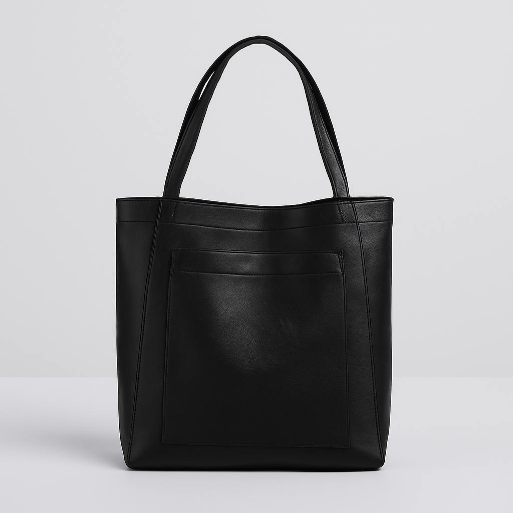 Elegant women's structured tote bag; a practical everyday purse or work bag featuring a stylish front pocket.