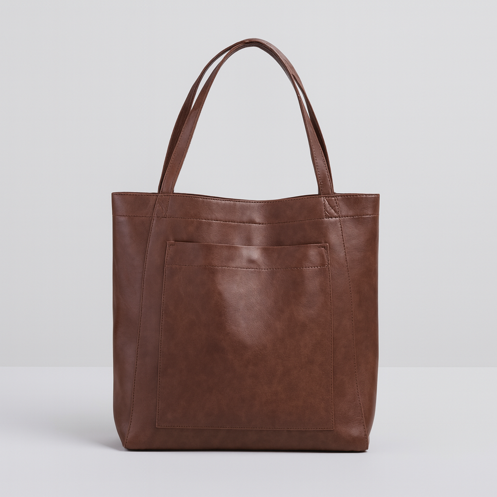 Versatile women's structured tote bag. Ideal as a daily carryall or work bag, featuring a convenient exterior pocket.