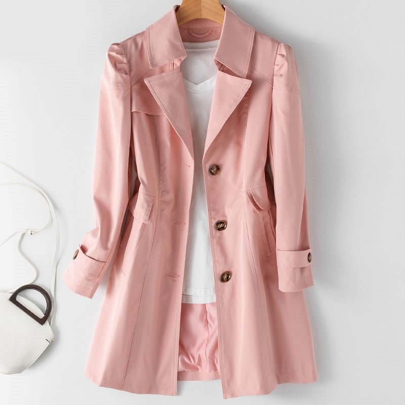 Women's long khaki trench coat, a classic and versatile fall jacket, ideal for chic office or evening wear.