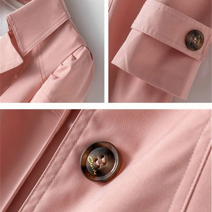 Versatile pink women's trench coat, tailored outerwear for spring & fall, adds a pop of color to any look.