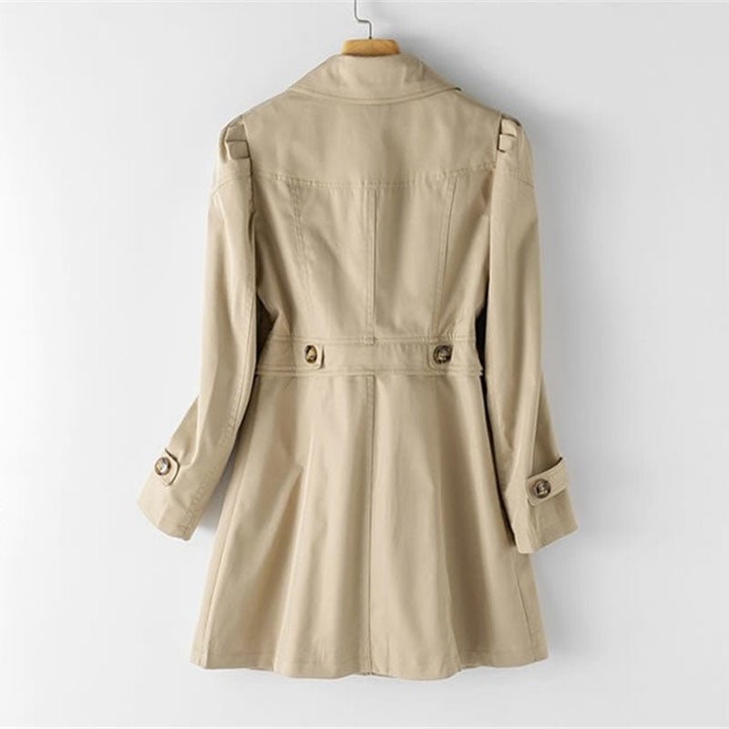 Classic women's tailored trench coat, an elegant and versatile long jacket, perfect for business casual styling.