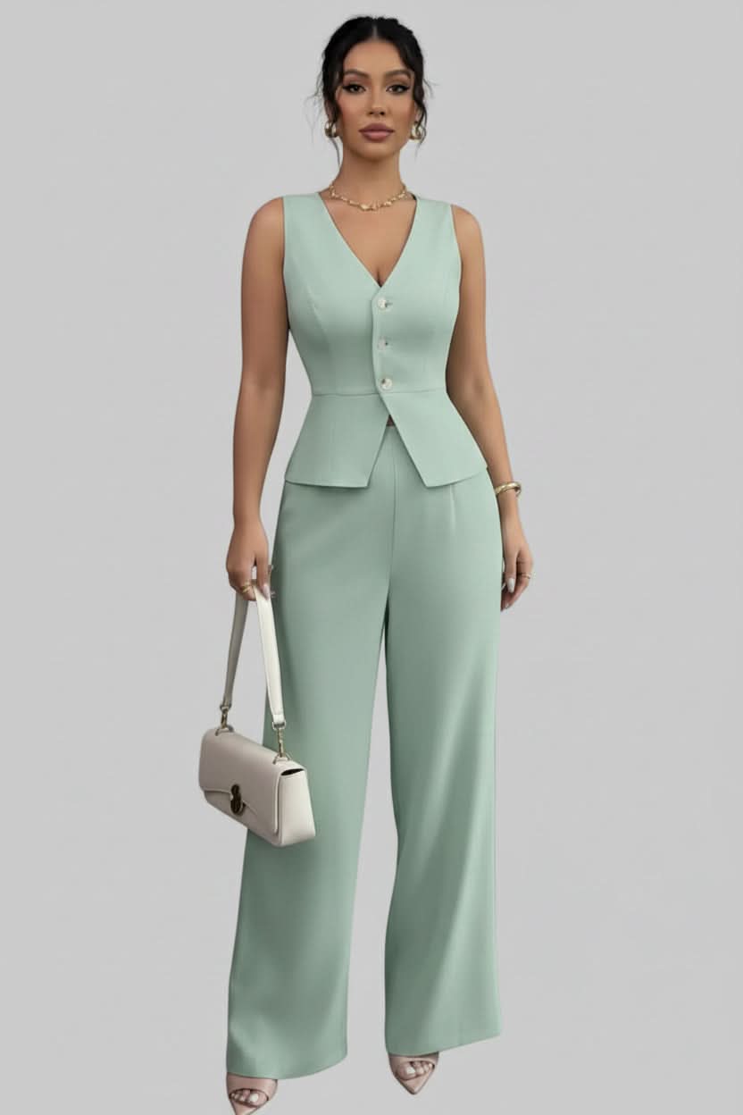 Chic women's tailored waistcoat & wide-leg trousers set, perfect for business casual or professional wear.