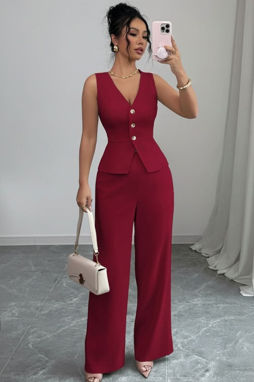 Elegant women's co-ord set featuring a stylish waistcoat and flowy wide-leg trousers for summer fashion.