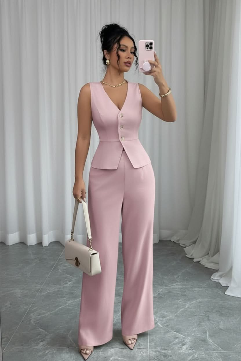 Stylish women's waistcoat and wide-leg pant set, a versatile and elegant two-piece for modern wardrobes.