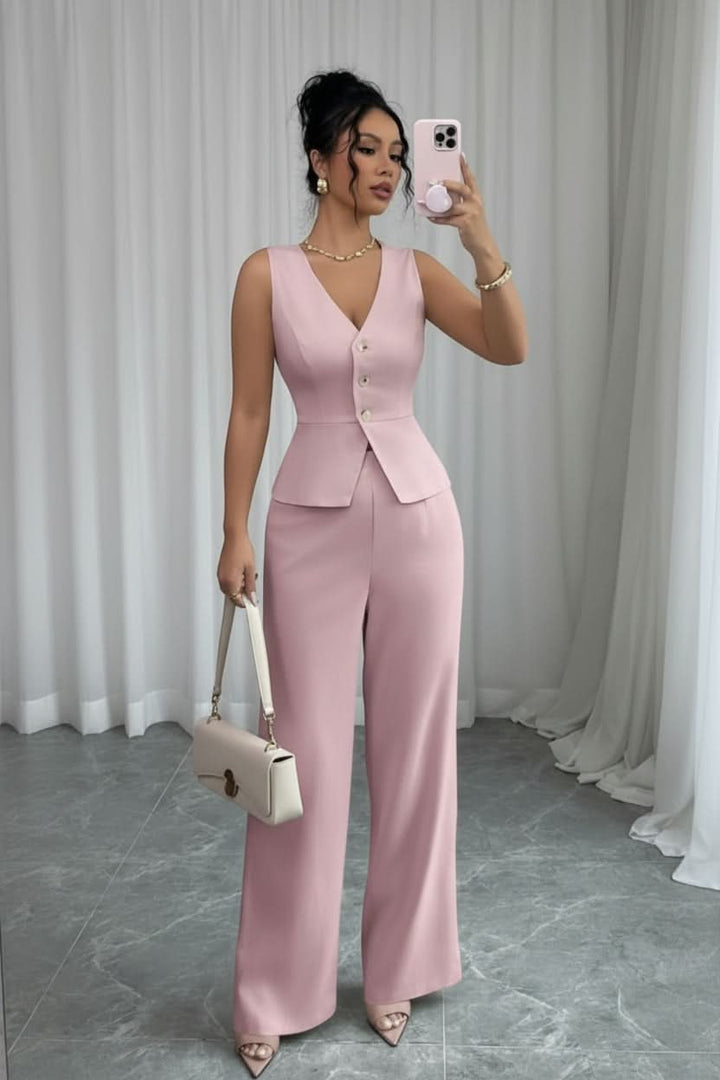 Stylish women's waistcoat and wide-leg pant set, a versatile and elegant two-piece for modern wardrobes.