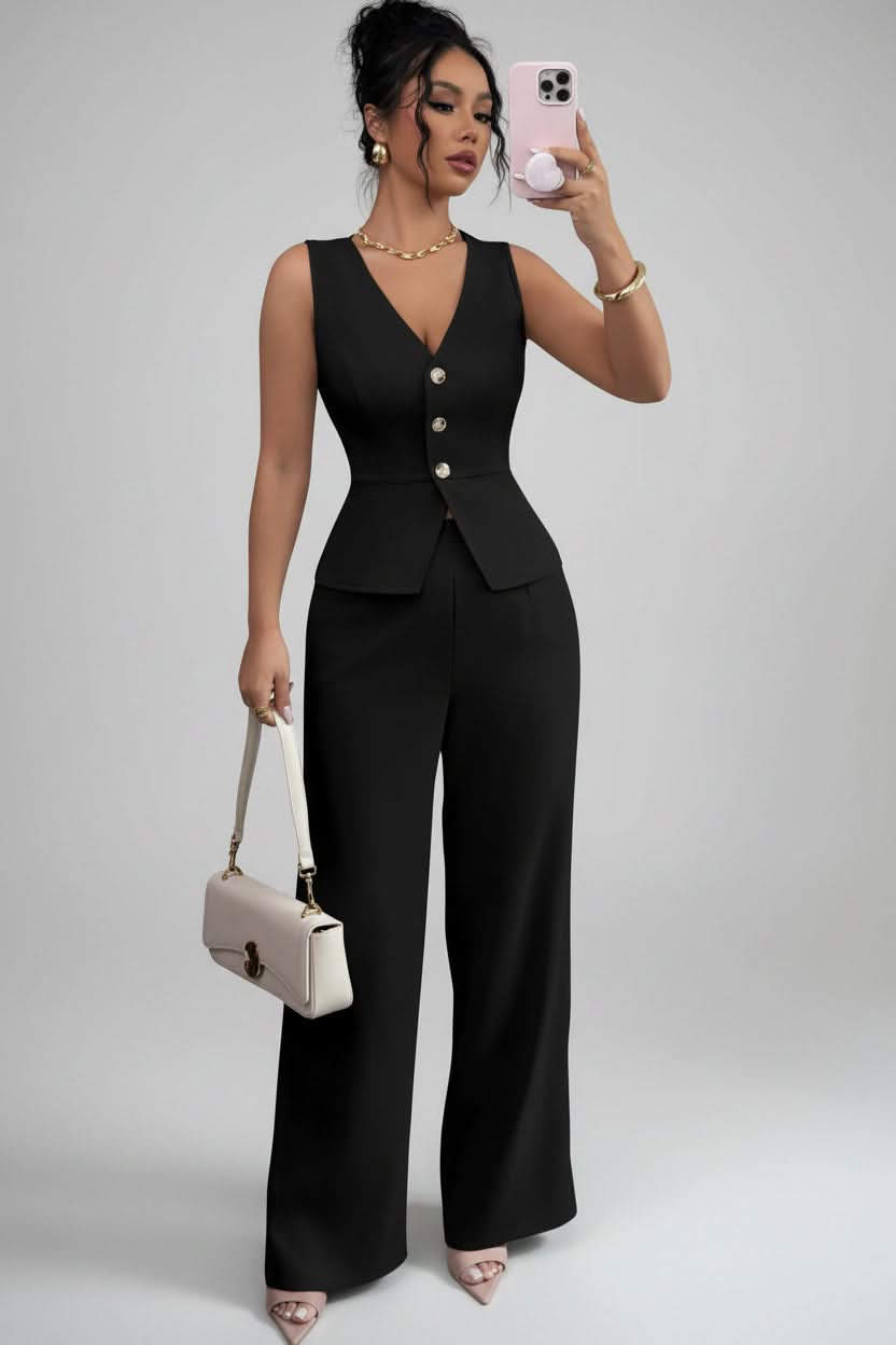 Chic women's tailored waistcoat and wide-leg trouser set, offering a sophisticated and comfortable ensemble.