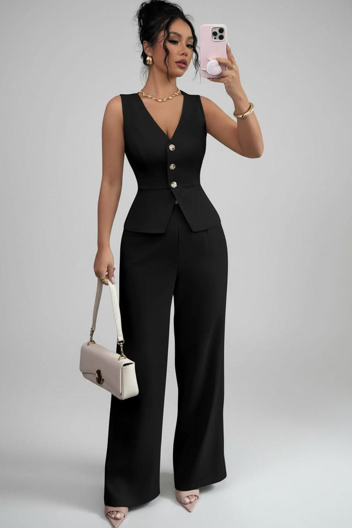 Chic women's tailored waistcoat and wide-leg trouser set, offering a sophisticated and comfortable ensemble.