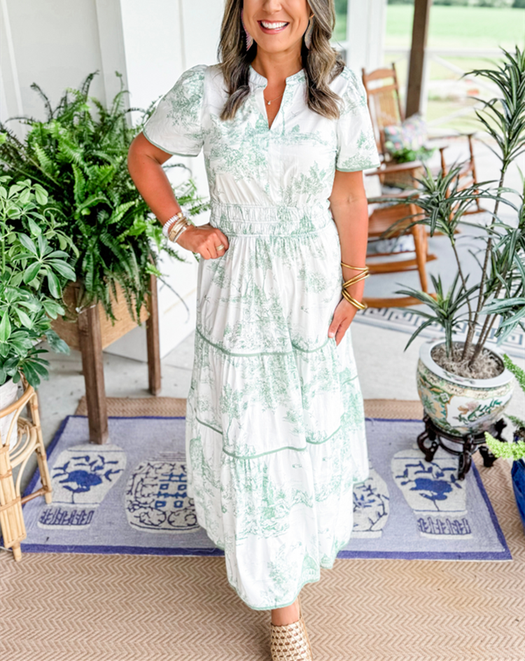 Elegant women's toile print tiered maxi dress, a chic choice for garden parties, brunches, or wedding guests.