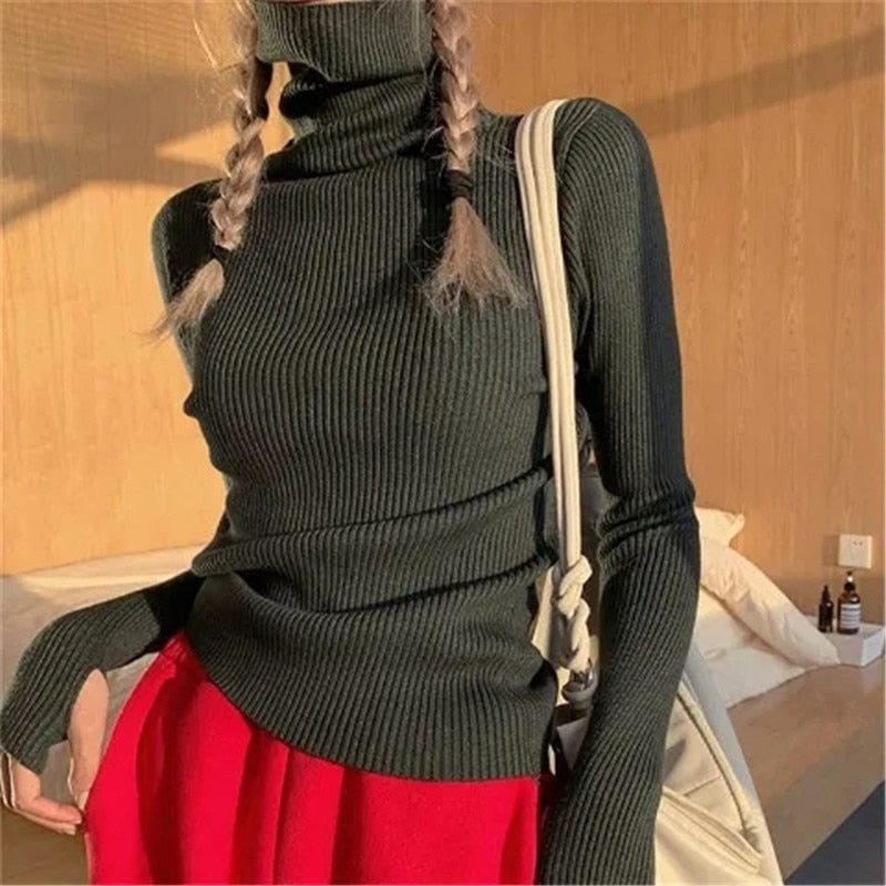 Cozy women's knit turtleneck pullover, ideal for warmth & comfort in fall & winter.