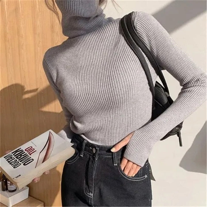 Elegant women's long sleeve turtleneck sweater, a chic knit top for any occasion.