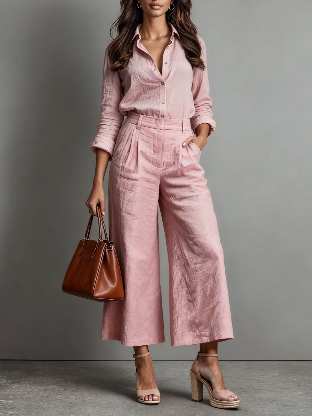 Chic women's two-piece matching set with a button-down shirt and wide-leg pants. Perfect for summer resort wear.
