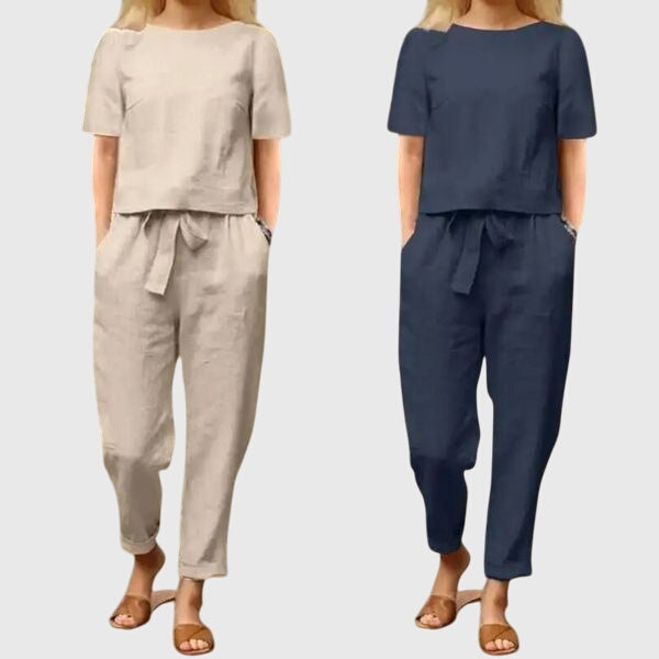 Relaxed fit women's co-ord with an effortless crop top and comfortable trousers. Perfect for summer casual wear.