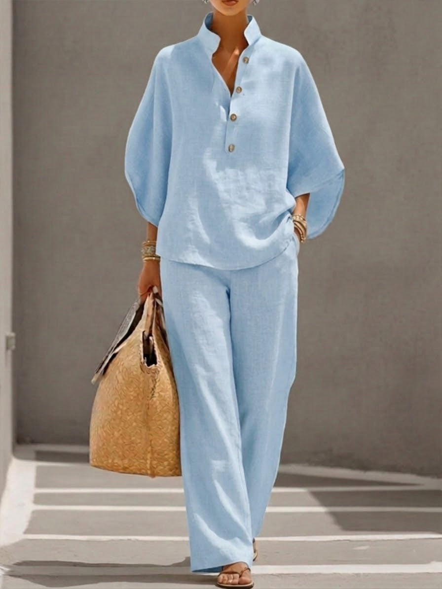 Comfortable women's batwing blouse and flowy wide leg pants set. Perfect versatile summer outfit.