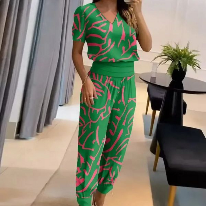 Modern women's v-neck two-piece outfit set, offering comfort and style for spring & summer trendy casual wear.