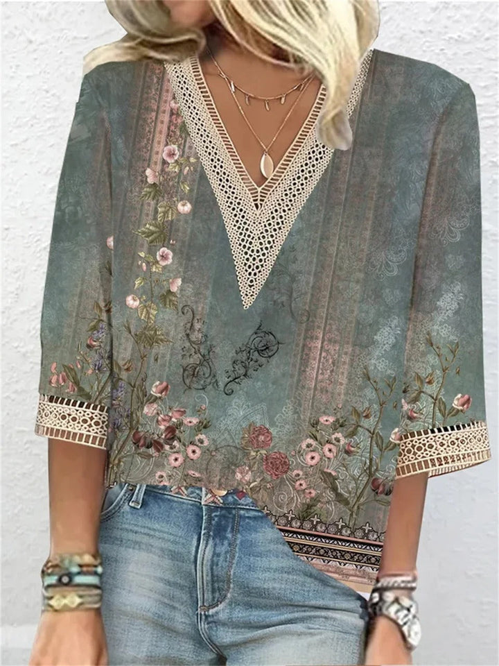 Comfortable green V-neck blouse for women. Effortless chic style, ideal for summer fashion apparel.