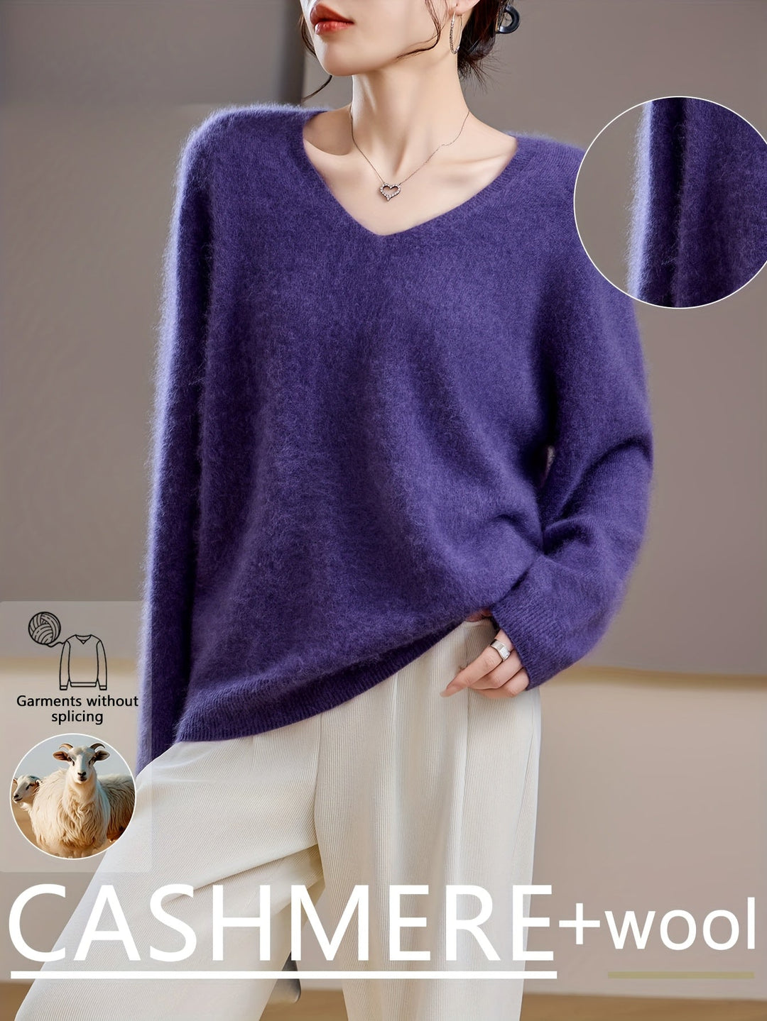 Relaxed fit women's V-neck sweater. Elegant long sleeve knitwear for chic and versatile autumn layering.