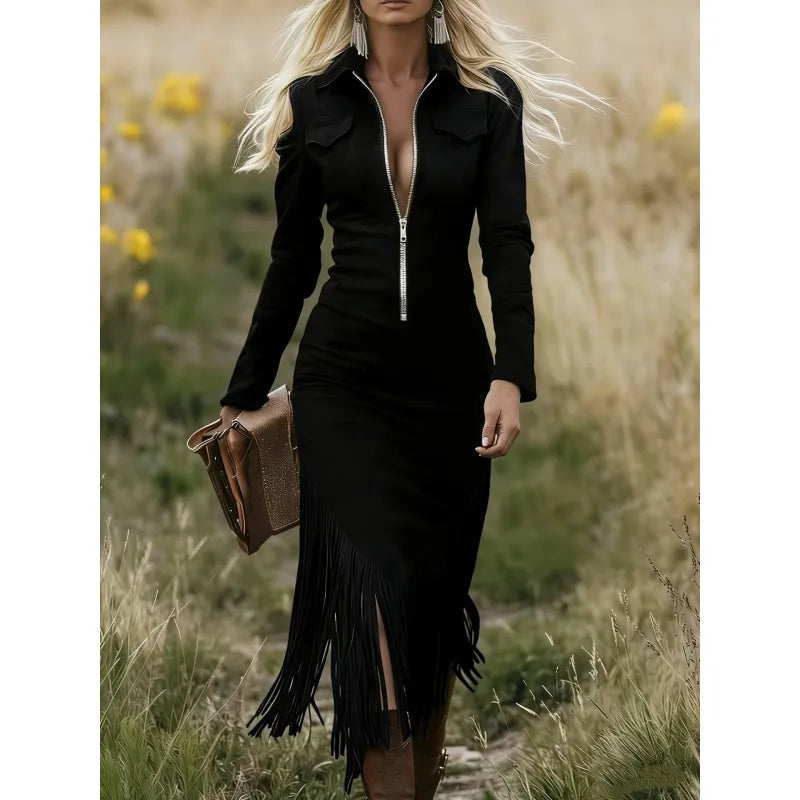Chic women's zip front midi dress with elegant fringe hem & long sleeves, perfect for a versatile fashion statement.