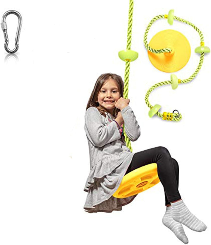 Child on adventurous tree swing set with climbing rope. Encourages active backyard play & outdoor exploration for kids.