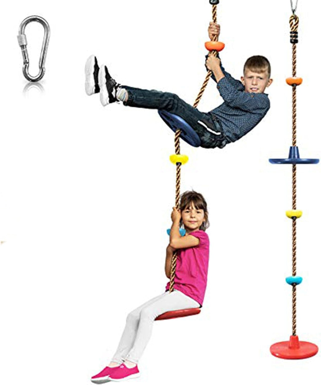 Complete children's outdoor play equipment: tree swing set, climbing rope & platforms for active backyard adventures.