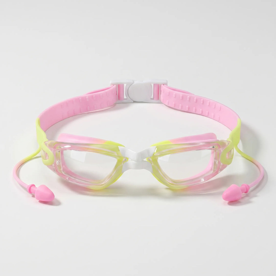 Kids' anti-fog swimming goggles with comfortable integrated earplugs, ideal for young swimmers.